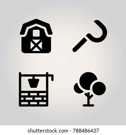 Farm vector icon set. sickle, well, tree and barn