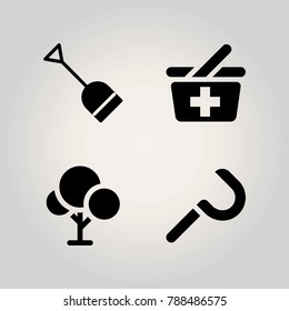 Farm vector icon set. sickle, shovel, shopping baket and basket