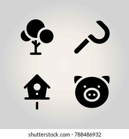 Farm vector icon set. sickle, pig, tree and birdhouse