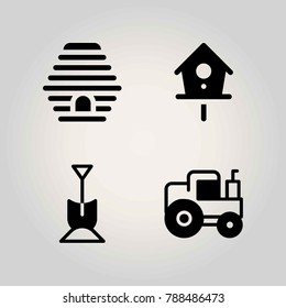Farm vector icon set. tractor, birdhouse, shovel and beehive