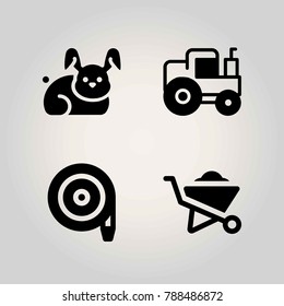 Farm vector icon set. tractor, hose, wheelbarrow and rabbit