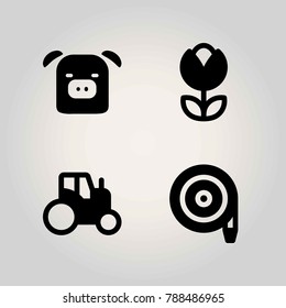 Farm vector icon set. tractor, pig, hose and tulip