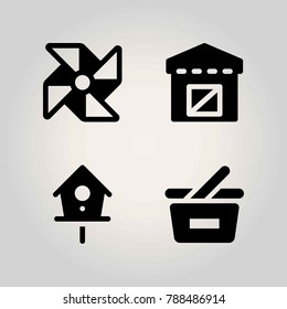 Farm vector icon set. warehouse, birdhouse, basket and pinwheel