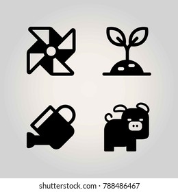 Farm vector icon set. watering can, pinwheel, sprout and can
