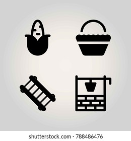 Farm vector icon set. well, ladder, basket and corn