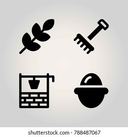 Farm vector icon set. wheat, rake, egg and well