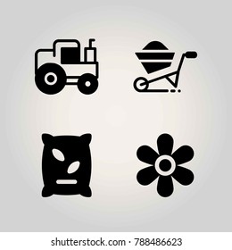 Farm vector icon set. wheelbarrow, tractor, fertilizer and sunflower