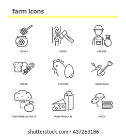 Farm vector icons set: honey, wood, farmer, bread, chicken, gardening, vegetables, fruits, farm products, wool. Line style