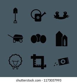 farm vector icons set. with shovel, wheat harvest growth, watering can and nest chicks in set