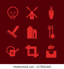 farm vector icons set. with watering can, corn, spade pitchfork and rake in set