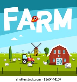 Farm Vector Illustration with Barn and Tractor