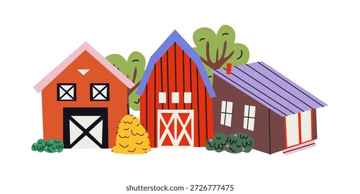 Ilustración vectorial de granja. Varias casas rurales, graneros, diferentes árboles, heno. Anuncio de tierras de cultivo. Fondo de pueblo en estilo plano de dibujos animados
