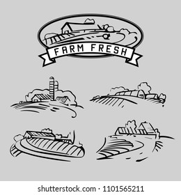 Farm vector landscapes set. Vector illustration isolated on background.