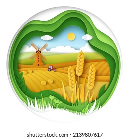 Farm Vector Logo. Ranch With Organic Field. Rural Landscape With Tractor, Mill And Barley Or Wheat Hills. Farmhouse In Countryside. Paper Cut Style