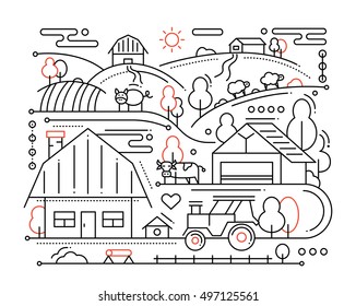 Farm - vector modern simple line flat design city composition with rural scene