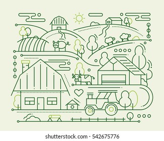 Farm - vector modern simple line flat design city composition with rural scene