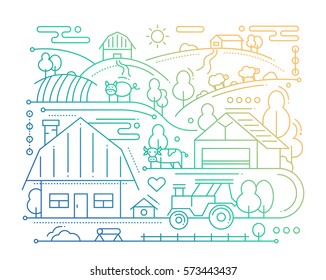 Farm - vector modern simple line flat design city composition with rural scene - color gradient