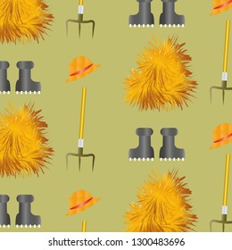 Farm vector pattern with hay pitchfork boots hat