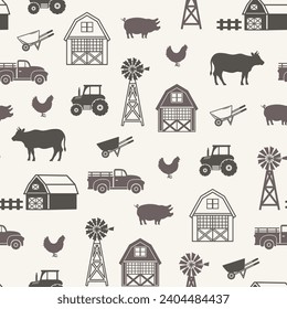 Farm vector seamless pattern. Silhouettes on a light background. Farm southern design with tractor, cow, pig, chicken, farm.