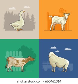 Farm vector set with cow, sheep, goose and goat. Agriculture vector illustration. Colorful countryside. Poster with retro village, farm, rooster, hen and watering can