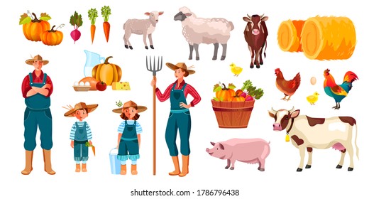 Farm vector set with happy family, cow, cock, pig, lamb, sheep, vegetables, diary products. Village farming collection in flat style isolated on white with haystack, mother, father, kids, animals 