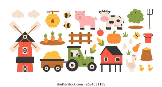 Conjunto de vetores de farm. Conjunto agrícola isolado. Animal da aldeia rural. Cartoon agricultura conjunto bonito. 