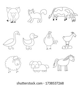 Farm, vector sketch. Collection animals such as horse, cow, bull, sheep, pig, rooster, chicken, hen, goose, rabbit, turkey, goat