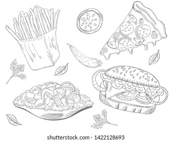 Farm vegetable and fast food poster. Fresh veggies. Vector illustration sketch