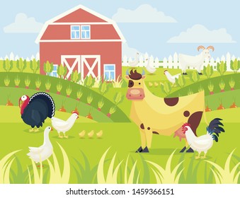 Farm with vegetable garden and livestock. Rural landscape.