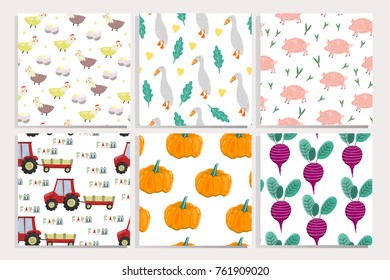 Farm vegetables and animals. Collection of vector seamless patterns