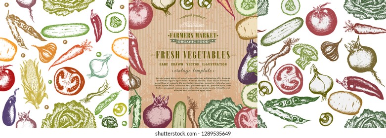 Farm vegetables big . Eco food design ink hand drawn. Vintage vegetables illustration. Healthy eating 