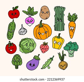 Farm vegetables collection. Funny organic plants - radish, carrot, eggplant, artichoke, potato, corn. Kawaii face. Hand drawn illustration. Vector on isolated background. For kids printing and web
