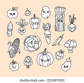 Farm vegetables collection. Funny organic plants - radish, carrot, eggplant, artichoke, potato, corn. Kawaii face. Hand drawn illustration. Vector on isolated background. For kids printing and web