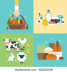 Farm vegetables, dairy products, bread and animals icons set. Harvest, agriculture and natural organic farm icons for graphic and web design