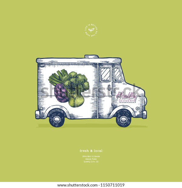 Farm vegetables\
delivery design template. Classic food truck with organic\
vegetables. Vector\
illustration