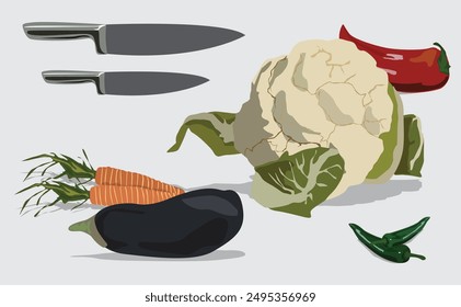 Farm vegetables isolated on background. Vector illustration. Eggplant, red bell peppers, jalapenos, carrots and two silver sharp knives.