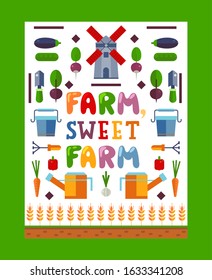 Farm vegetables on typographic poster, vector illustration. Isolated flat style icons of windmill, watering can, bucket, eggplant and turnip. Organic products from local farm, fresh healthy food