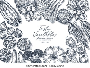 Farm vegetables on white background. Top view. Growing concept. Organic fresh vegetables. Summer food concept. Vector illustration