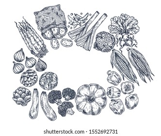 Farm vegetables on white background. Top view. Growing concept. Organic fresh vegetables. Autumn harvest. Vector illustration