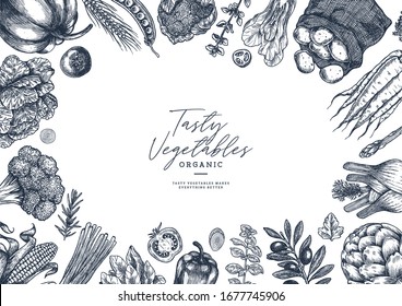 Farm vegetables on white background. Top view. Vegetable growing. Organic fresh vegetables. Summer food concept. Vector illustration