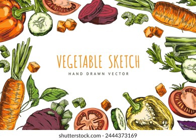 Farm vegetables with parsley and basil leaves vector sketch frame label design. Hand drawn color illustration of ripe salad ingredient, natural healthy organic plant food