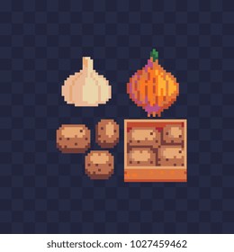 Farm vegetables pixel art icons set garlic onion and box with potatoes isolated vector illustration. Design for stickers, logo, mobile app. Video game assets 80s 8-bit sprite sheet.