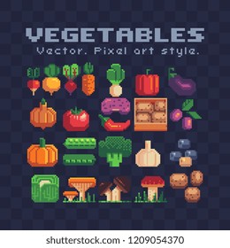 Farm vegetables pixel art icons set gabbage, pepper, chili, onion, pumpkin, eggplant, onion, potato isolated vector illustration. Design for logo and app. Video game assets 80s 8-bit sprite sheet. 