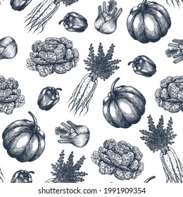 Farm vegetables seamless pattern. Carrot, pumpkin, pepper, cabbage, fennel. Vector illustration.