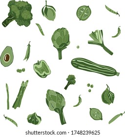 farm vegetables seamless pattern of zucchini and leek,  broccoli, green peas, pepper, lime, leek, avocado, artichoke. For agriculture theme or recipe book design usage