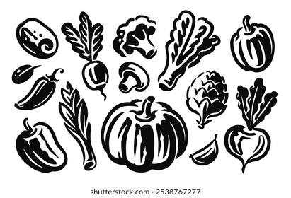 Farm vegetables set, vector illustration. Organic healthy vegan food concept, black and white drawing