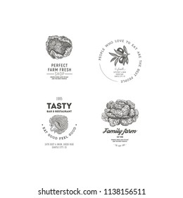 Farm vegetables vintage logo collection. Engraved logotype set. Vector illustration