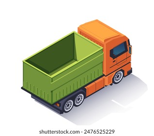 Farm vehicle isometric icon. Rear view of industrial truck with cargo delivery trailer. Agricultural machinery or freight transport. 3D vector illustration isolated on white background