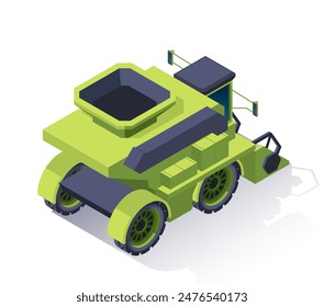 Farm vehicle isometric icon. Rear view of combine or bulldozer for tillage. Agricultural machinery for cultivating and plowing soil. 3D vector illustration isolated on white background