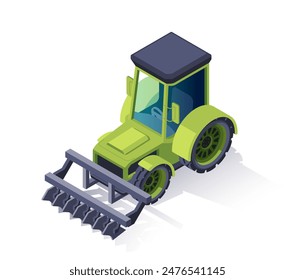Farm vehicle isometric icon. Tractor with cultivator for plowing field, sowing and working with soil. Agricultural machinery for harvesting. 3D vector illustration isolated on white background